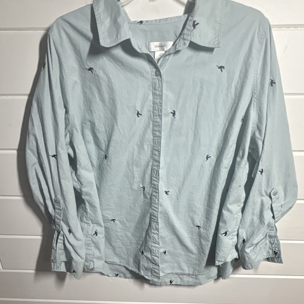 CJ Banks Light Blue Embroidered Birds Button-Up Long Sleeve Shirt Women's 2X